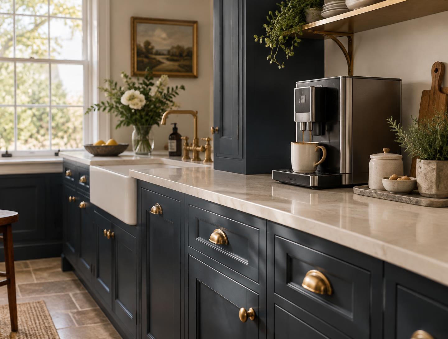 A navy and ivory kitchen with a stainless bean-to-cup coffee machine on a stone worktop